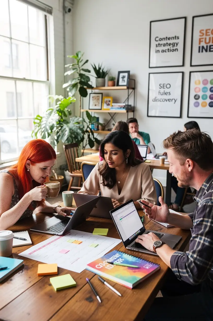Professional team planning content strategies for SEO.